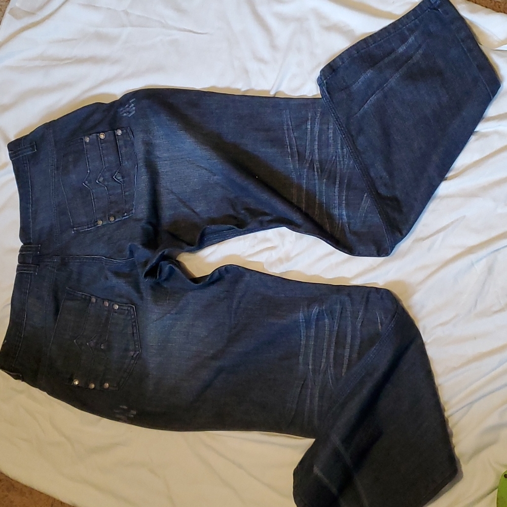 Men's Black Lable denim, size 36x32 dark navy blue, mild wear at ankles.